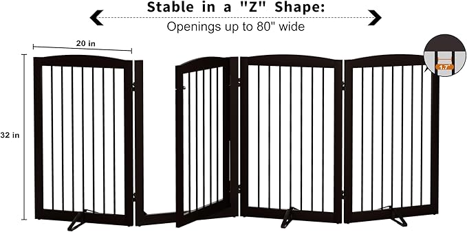 Freestanding Dog Gates with Door Walk Through, 80 inch Wide Gates Indoor, Dog Fences Indoor, Support Feet Included, 4 Panels, 32" Tall, Dark Brown