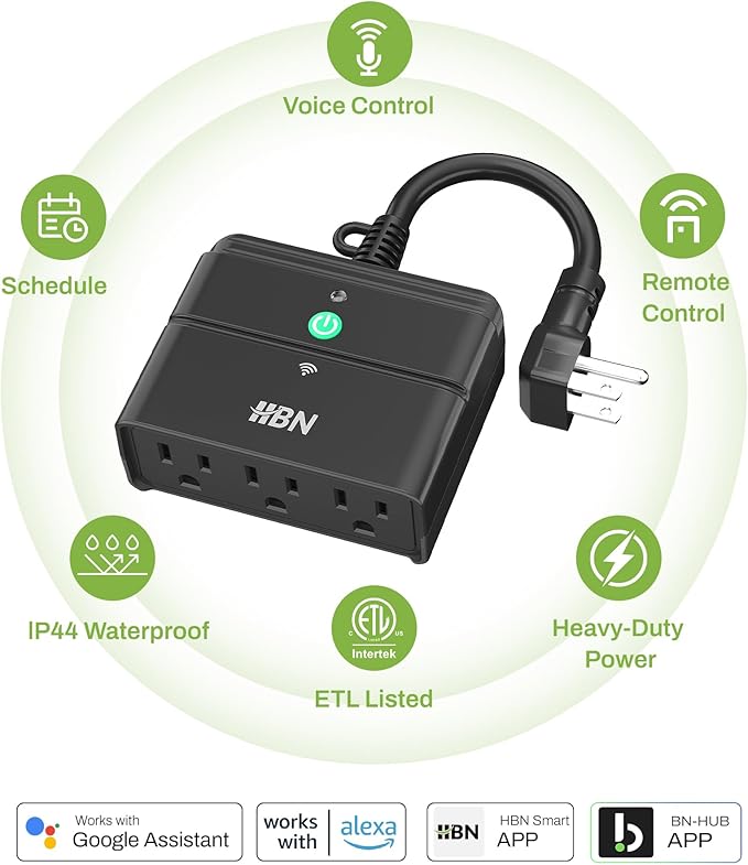 HBN Outdoor Smart Plug,Wi-Fi & Bluetooth Heavy Duty Outlet with 3 Independent Outlets,Compatible with Alexa and Google Assistant,IP44 Waterproof,Voice & APP Control Outlet,No Hub Required,ETL Listed