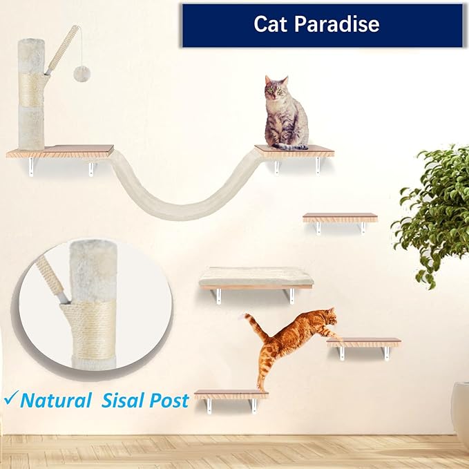 Cat Wall Shelves, Solid Wood Cat Wall Furniture Set, with Cats Bed, Hammock, Felt Ladder, Sisal Scratching Post & Ball (Beige)