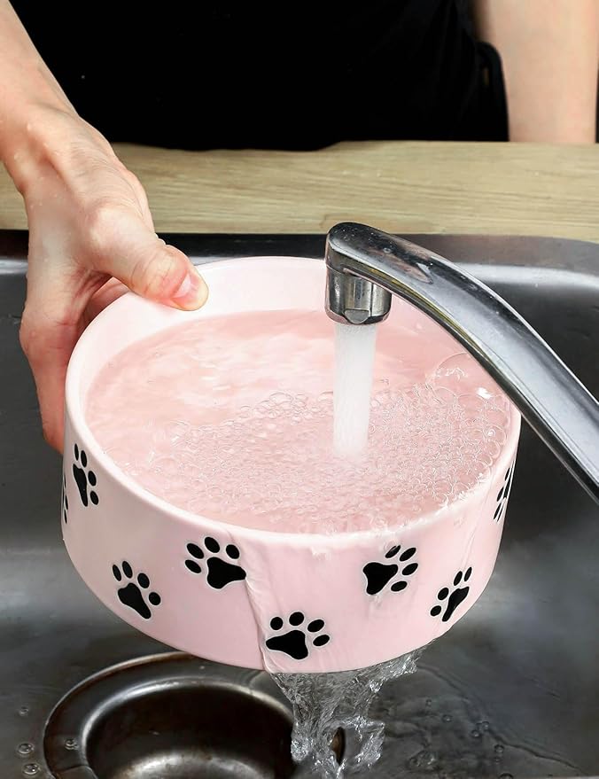 6.5 Inch Pink Ceramic Dog Bowl with Paw Print Pattern - Porcelain Wide Mouth Dog Food or Water Bowls, Large Feeding Pet Bowls for Indoor Medium Sized Dogs, for Wet or Dry Food