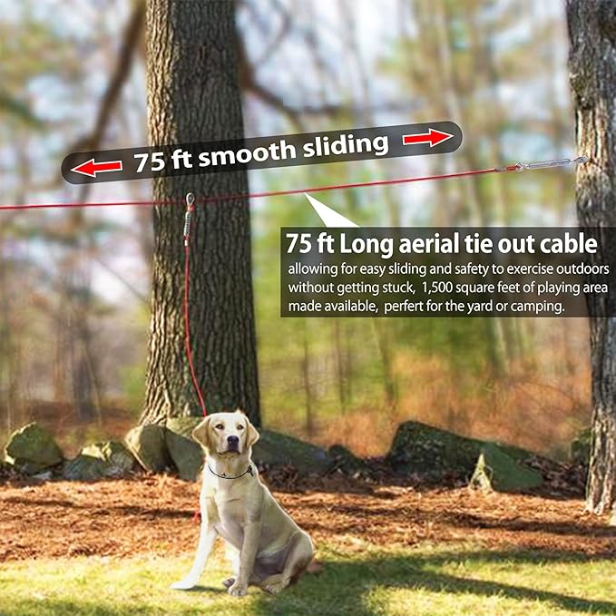 Heavy Duty Aerial Dog Tie Out Trolley System for Small to Large - Dog Run Cable 100ft /75ft Zipline with 10ft Runner Cable Great for Yard Camping Outdoor (Red, 75 ft for one up to 200 lbs)