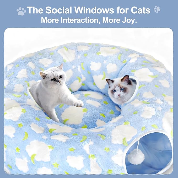Cat Tunnel Bed, Foldable Cat Donut Tunnel with Removable Cushion, Toy Ball & Social Windows, Stress Relief Fun, Round Pet Play Tunnel for Indoor Cats, Kittens and Small Pets (3D Cloud Pattern)