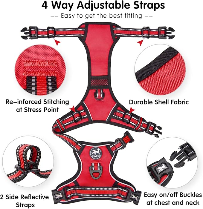 PoyPet No Pull Dog Harness, [Release on Neck] Reflective Adjustable No Choke Pet Vest with Front & Back 2 Leash Attachments, Soft Control Training Handle for Small Medium Large Dogs(Red,S)