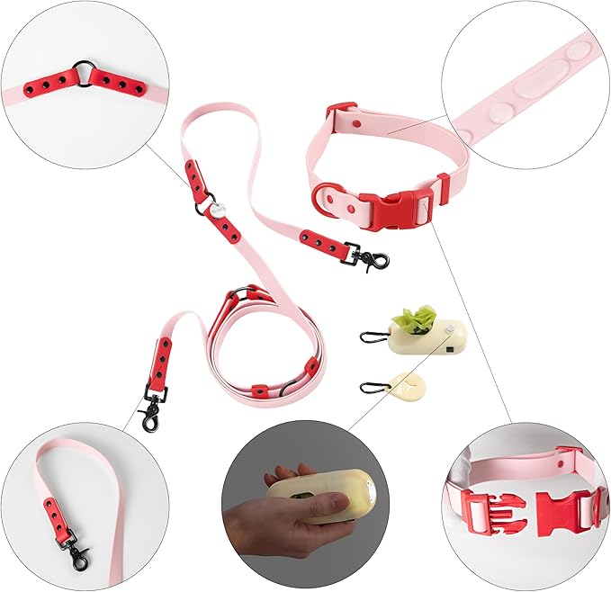 WLK1006G-5SET Luna Large 8FT Adjustable 6-in-1 Waterproof Hands-Free Leash and Collar with LED Flashlight, Bag Dispenser, and Poop Bag Holder, Paloma