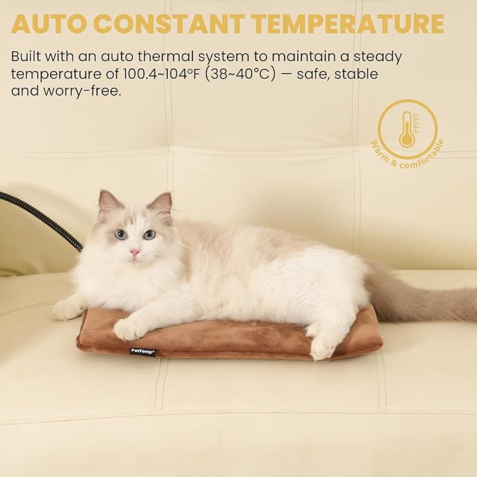 Heated Pet Pad for Dogs and Cats, Waterproof Heating Mat with Chew-Resistant Cord, Constant Warmth for Indoor & Covered Outdoor Use, Multiple Sizes and Colors (Brown, S: 16" × 13" × 1.3")