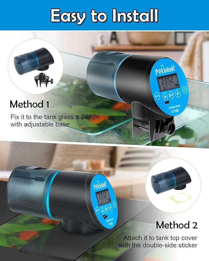 Automatic Fish Feeder for Aquarium - Rechargeable Fish Food Auto Dispenser Vacation Turtle Feeder with USB Charger Cable，LCD Screen, Customized Schedule (Blue)