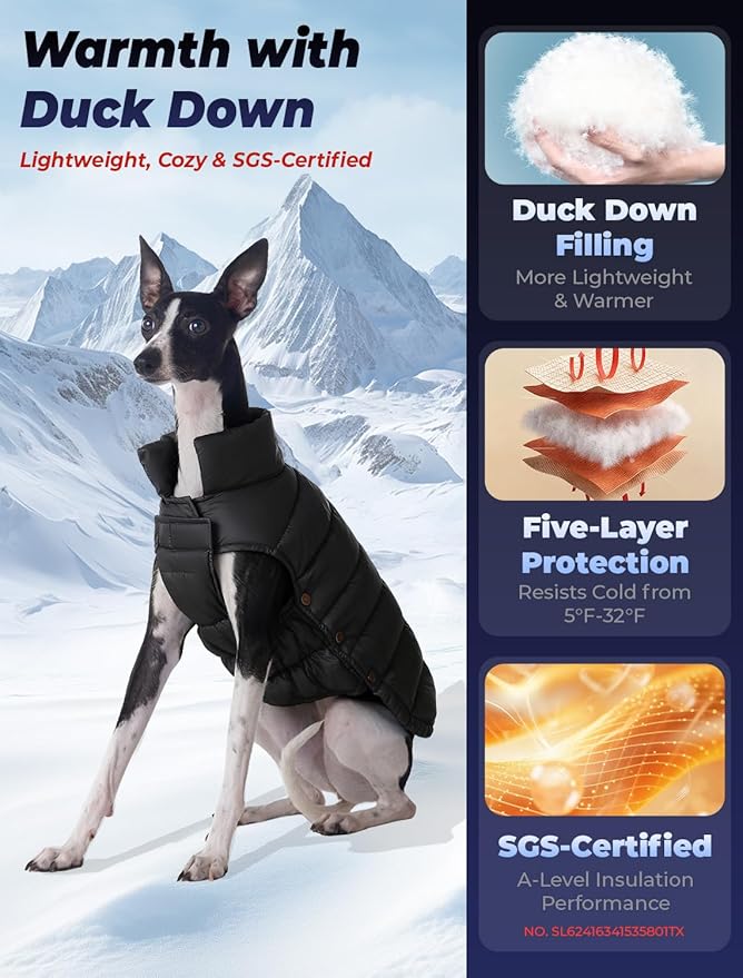 SPACE LION Dog Puffer Jacket, Down Winter Coat, Durable Outdoor Coat for Cold and Windy Conditions, Lightweight & Adjustable Fit Coats for Large Dogs, (Black, Size26/3XL)