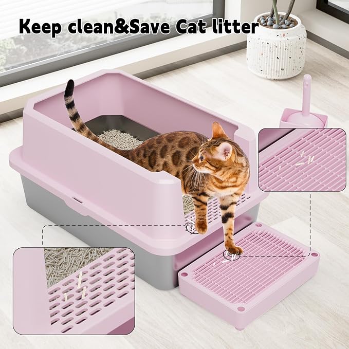 RIZZARI Large Cat Litter Box: Pink Semi-Closed Stainless Steel Litter Box with High Edges - Teflon Non-Stick Coating - Odorless Litter Pan Anti Leakage for Small to Large Cats for Bedroom Living Room