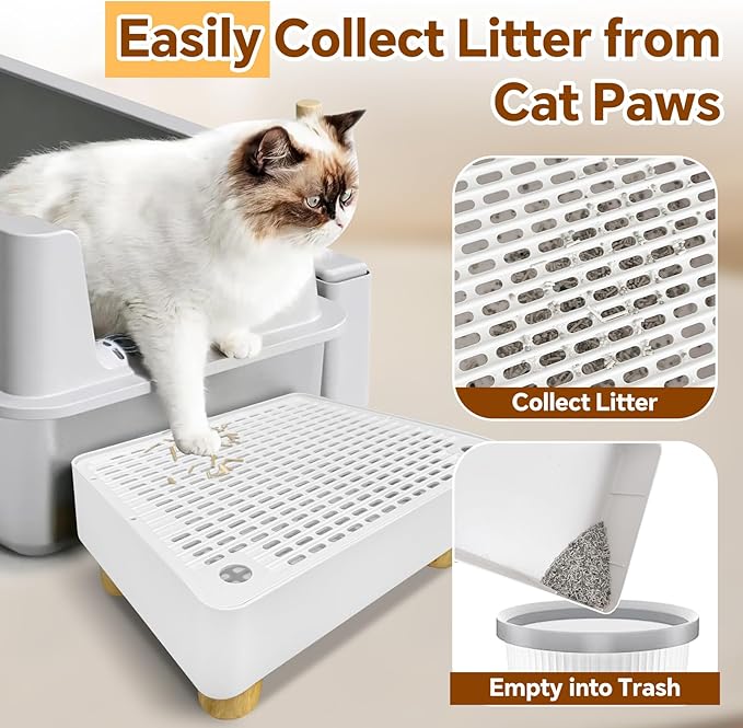 Litter Box Step,2 Steps Litter Box Ramp with Wooden Base,Cat Litter Catcher,Height-Adjustable for Small & Elderly Cats,White
