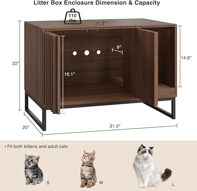 Cat Litter Box Enclosure, Modern Hidden Litter Box Furniture with Scratch Pad, Indoor Cat Washroom House End Table, Entryway Bench for Livingroom (Walnut)