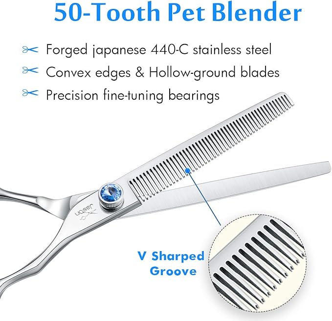 JASON 7" 50 Teeth Thinning Dog Grooming Blending Scissor, Ergonomic Pet Grooming Thinner Blender Shears Cat Trimming Texturizing Kit with Offset Handle and a Jewelled Screw 30% Thinning Rate Christmas