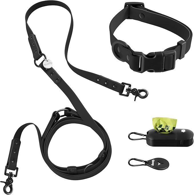 WLK1005I-5SET Luna Medium 8FT Adjustable 6-in-1 Waterproof Hands-Free Leash and Collar with LED Flashlight, Bag Dispenser, and Poop Bag Holder, Bitters