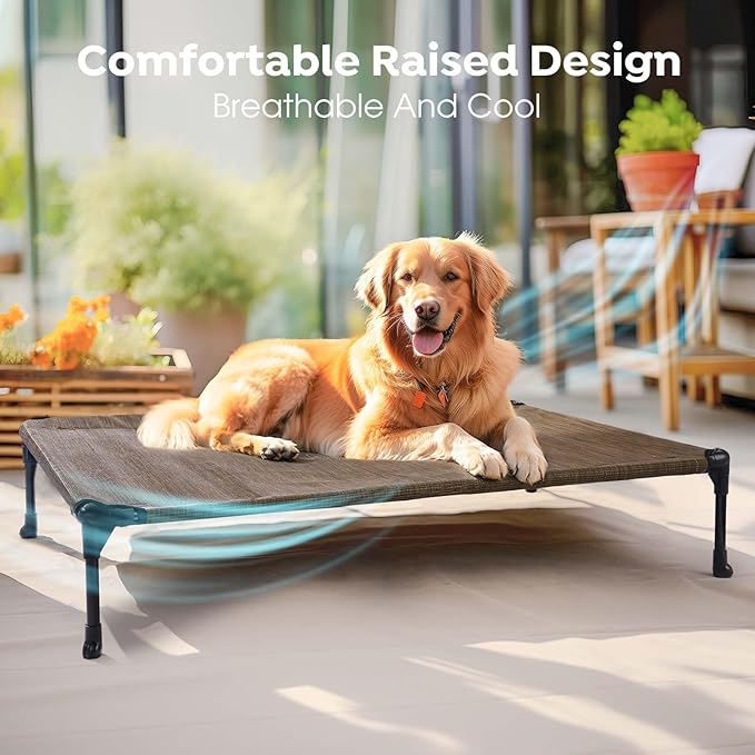 Veehoo Outdoor Elevated Dog Bed Large Sized Dogs, Extra Large Cooling Raised Dog Cots Beds Training Platform Off Ground Hammock with Breathable Mesh, No-Slip Feet, 45"x33", Brown