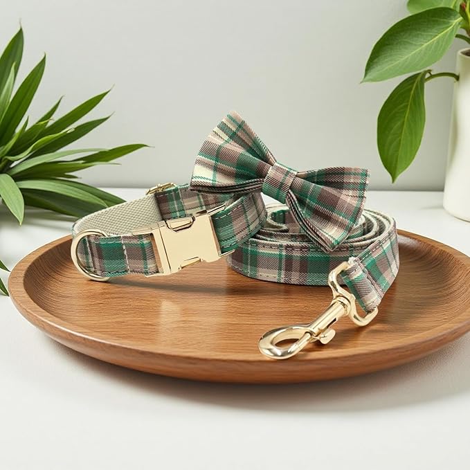PETDURO Personalized Dog Collar Brown Green Plaid for Large Medium Dogs | Engraved Name and Phone Number on Gold Metal Buckle for Boys & Girls | Add Leash & Bow Tie via Customize Now