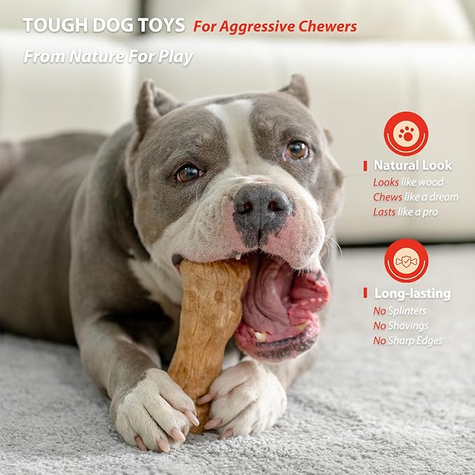 Willjoy Dog Chew Toys for Aggressive Chewers, Tough Dog Toys for Aggressive Chewers, Pine Wood and Nylon Indestructible Dog Toy, Bacon Flavor Large Dog Toys to Keep Them Busy