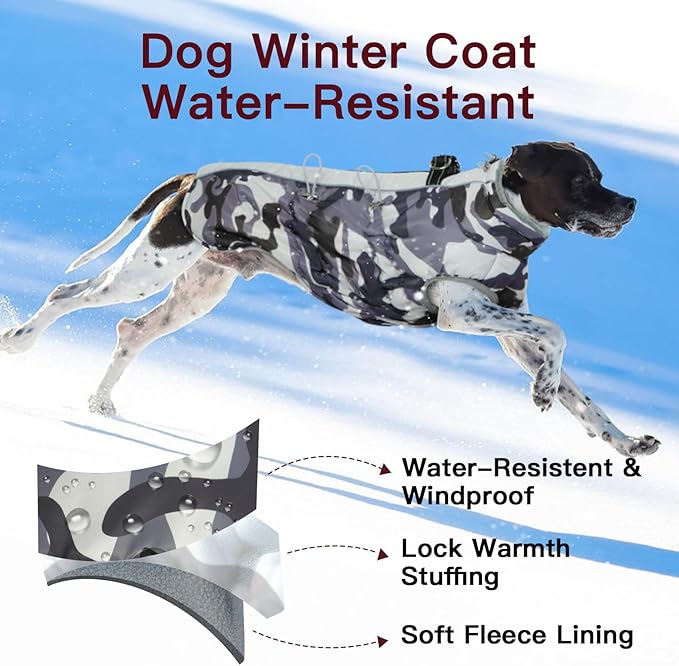 Dog Coat Dog Winter Jacket-Large, Warm Dog Coat Zip Up Snowsuit Dog Harness Vest Reflective Water-Resistant Dog Coat Dog Snow Jacket for Large Dogs French Bulldog, Pug, Grey-Camouflage