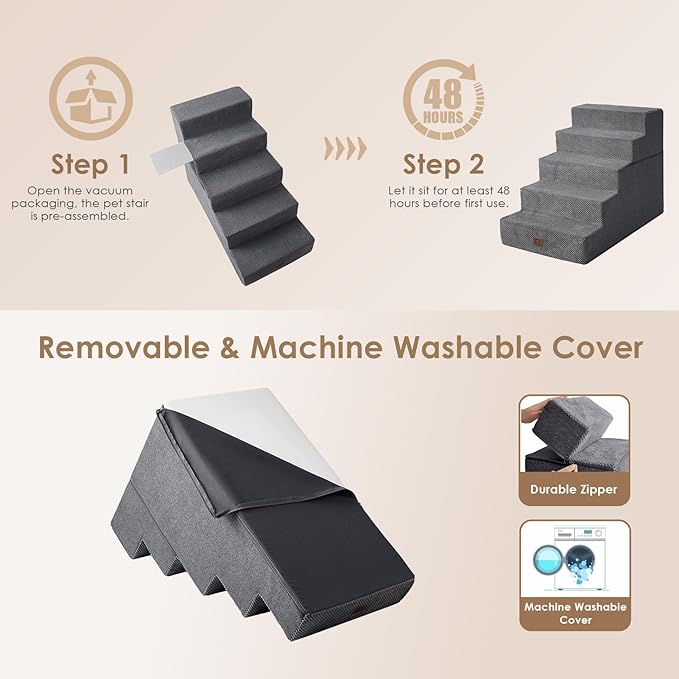 EHEYCIGA Dog Stairs for High Bed 25" H, 5-Step Extra Wide Dog Steps for Bed, Pet Steps for Small Dogs and Cats, Non-Slip Balanced Pet Ramp Indoor, Grey