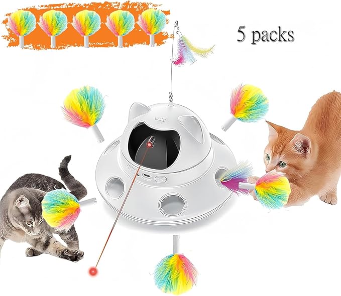 3-in-1 Cat Toy & Interactive Motion-Activated Kitten Toy Accessories — 5-Piece Set of Retractable Feather Refills, Replaceable Interactive Teaser Accessories for Cats and Kittens