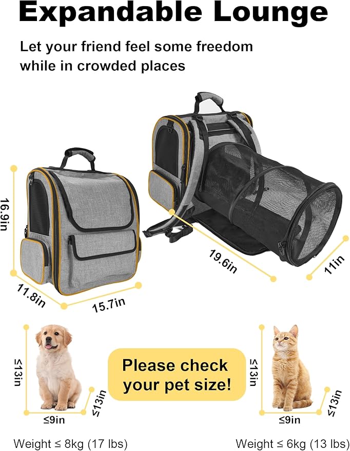 Expandable Cat Carriers for Cats and Small Dogs,Travel Bag with Breathable Mesh Windows, Anti-Escape Leash, Soft Cushion and Lightweight Design,Gray Orange
