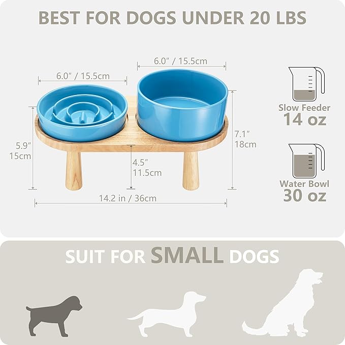 Ceramic Slow Feeder and Water Bowl Set for Small Dogs, 6.0inch Ceramic Dog Bowls Elevated with Wooden Stand, 0.6 Cups Dog Slow Feeder(14oz) and 30oz Water Bowl Set, Blue