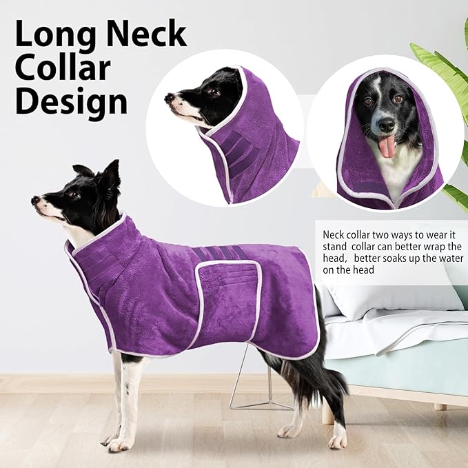 Dog Bathrobe Towel Dog Drying Coat - Super Absorbent Towels Bath Robe for Dogs Large, Soft Adjustable Collar & Belly Strap Fast Drying Coat Pet Cat Bath Robe (Violet, X-Large)