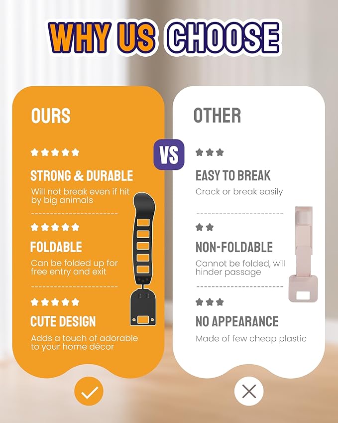 Metal Cat Door Latch, Door Prop for Cats, Easy Install, Durable & Foldable, 【5 Adjustable Sizes】 Keep Interior Door Cracked Open for cat - Dog Proof Cats Feeding Station, No Wall Damage