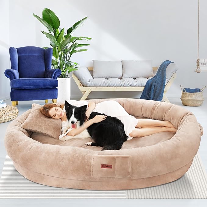 Human Dog Bed for Adult Kids, 70"x33"x12" Washable Faux Fur Human Size Dog Bed for People Doze Off, Cozy Large Present with Blanket and Pillow, Khaki