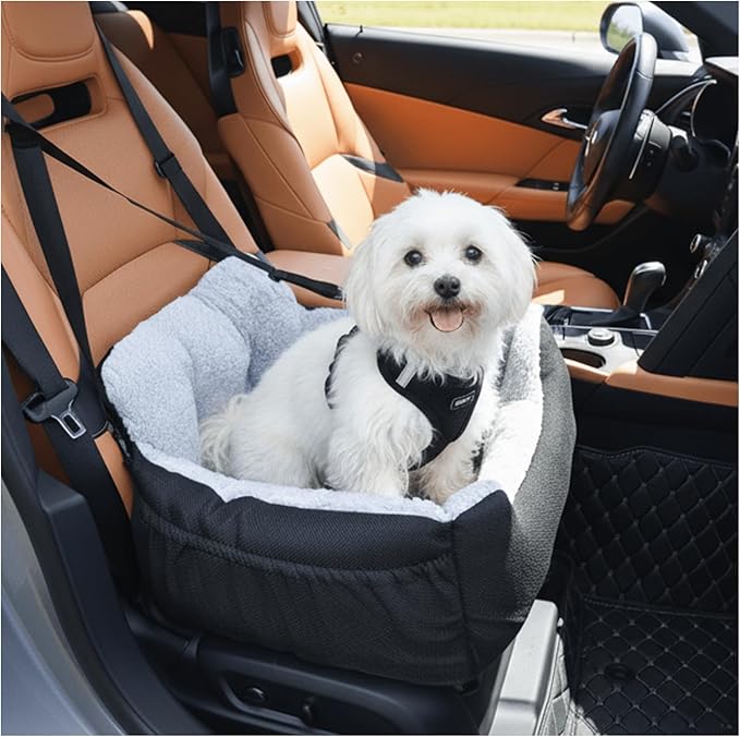 Dog Car Seat for Small Dogs,Washable Pet Booster Seats for Car with Clip-On Safty Leash, Reversible Puppy Carseat with Storage Pockets, Travel Carrier Bed for Dogs Under 25 lbs, Grey