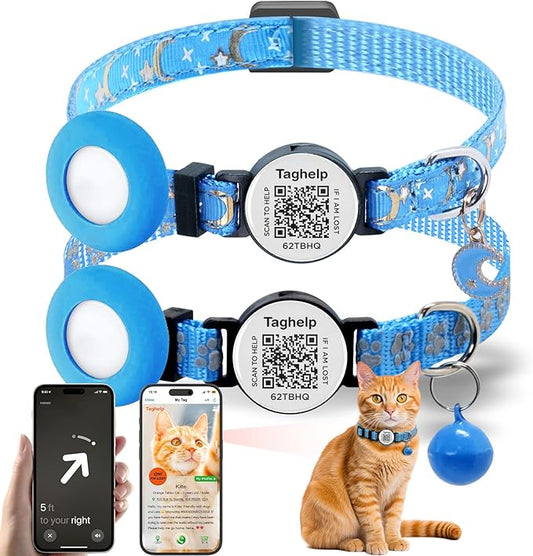 2PCS Breakaway Cat Collars with Bell Cute Star &Moon Safe Kitten Collars with Pendant Glow in The Dark,Airtag Holder Cat Collar with Smart ID tag & QR Code Reflective for GPS Boy Girl Cats (Blue)