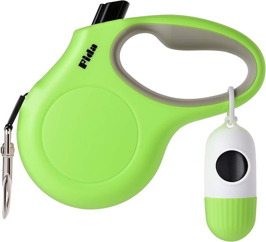 Fida Retractable Dog Leash with Dispenser and Poop Bags, 16 ft Pet Walking Leash for Small Dog or Cat up to 26 lbs, Anti-Slip Handle, Tangle Free, Reflective Nylon Tape (S, Green)