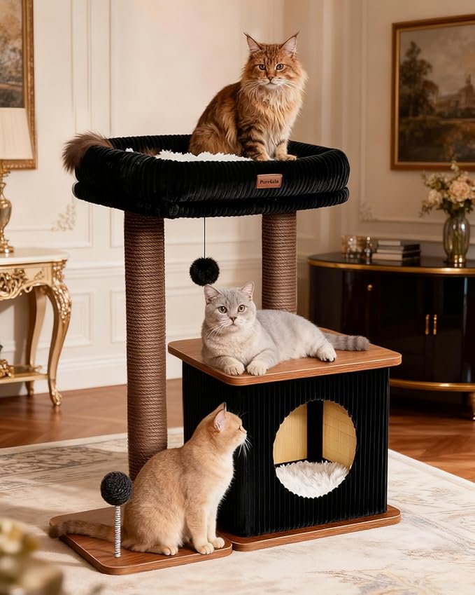 Modern Cat Tree for Indoor Cats, Nordic Loft Style, Wooden Cat Tower with Sisal Scratching Posts, Soft Padded Beds & Cozy Condos, Floor-Mounted for Kittens & Adult Cats