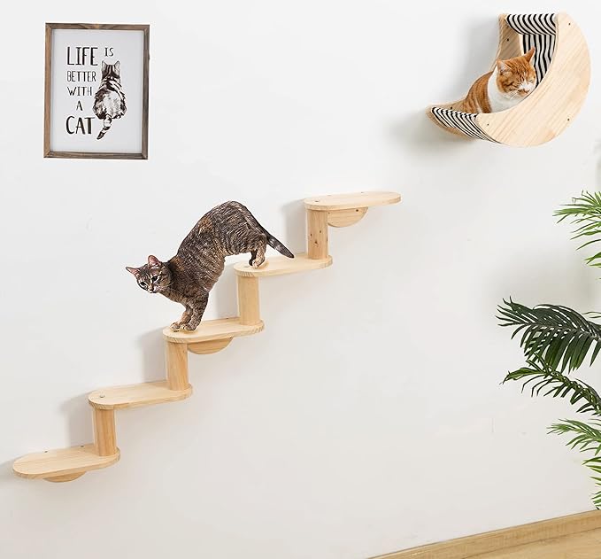 Cat Shelf for Wall Mount Hammock with 5-Levels Climbing Ladder Moon Cat Shelves and Perches for Activity Indoor Cats Wall Furniture(5-Levels Steps)