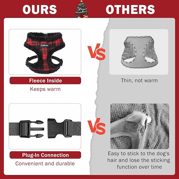 SCENEREAL Small Dog Harness Collar and Leash Set, Warm Fleece No Pull Puppy Vest Harness, Christmas Dog Outfit No Chock Adjustable Step in Pet Halter for Outdoor Walking Training, Red Plaid M