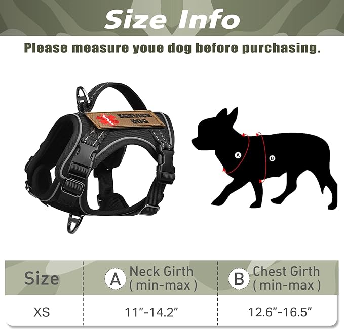Tactical XS Dog Harness, Military Service Dog Vest with Vertical Handle, No Pull Outdoor Training Small Puppy Vest Chihuahua Harness (Black, XS)