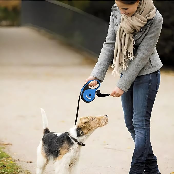 26Ft Retractable Dog Leash - for Dog Up to 110lbs, Tangle Free Walking Leash with Chew Proof Cable | LED Light | Dispenser | Poop Bags, Quick Lock Braking & Non-Slip Handle (Blue)