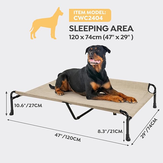 Veehoo Elevated Dog Bed, Raised Dog Cots for Large Dogs, Waterproof Outdoor Dogs Bed, Cooling Pet Hammock with Guardrail, Upgraded Non-Slip Feet, Breathable Teslin Mesh, Beige, 47 x 29 inches