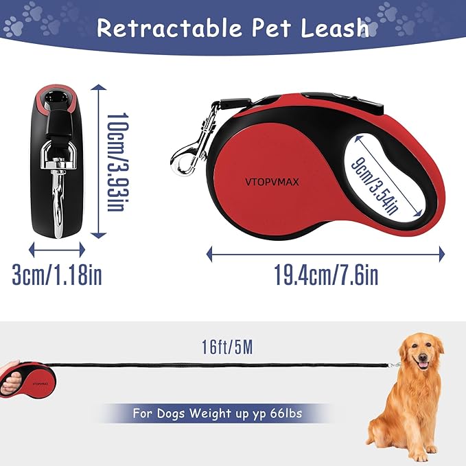 16Ft Retractable Dog Leash - for Small to Medium Dogs Up to 66lbs, Heavy Duty Retractable Leash with Light Rechargeable, Quick Lock Braking & Non-Slip Handle (Red)