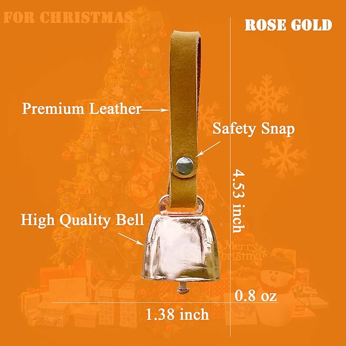 Dog Collar Copper Bell Pet Tracker Noise Maker/Leather Country Cow Bell for Pet Anti- Lost Pendant Tags for Pet Training Tracker Christmas New Year’s Eve(M)(Rose Gold)