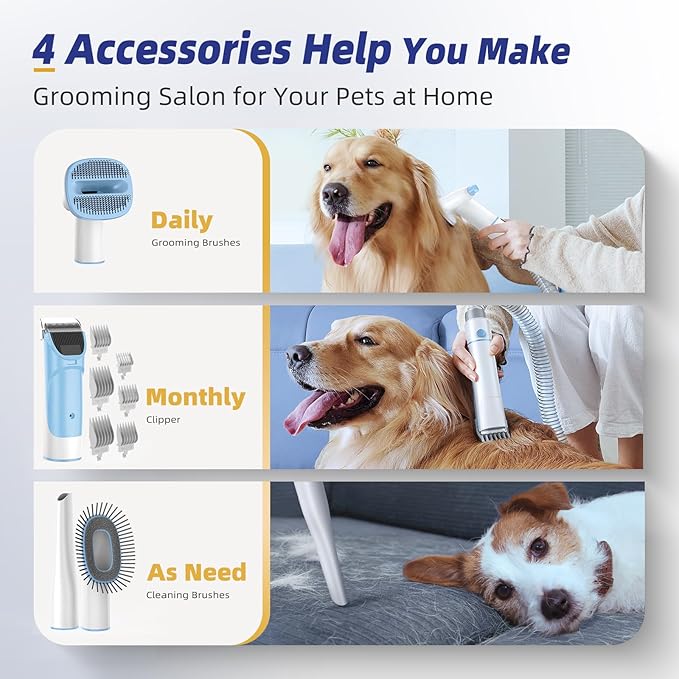 Dog Grooming Kit with Vacuum, 15000Pa Pet Hair Clipper and Shedding Brush, 50dB Low Noise, 2L Capacity, White