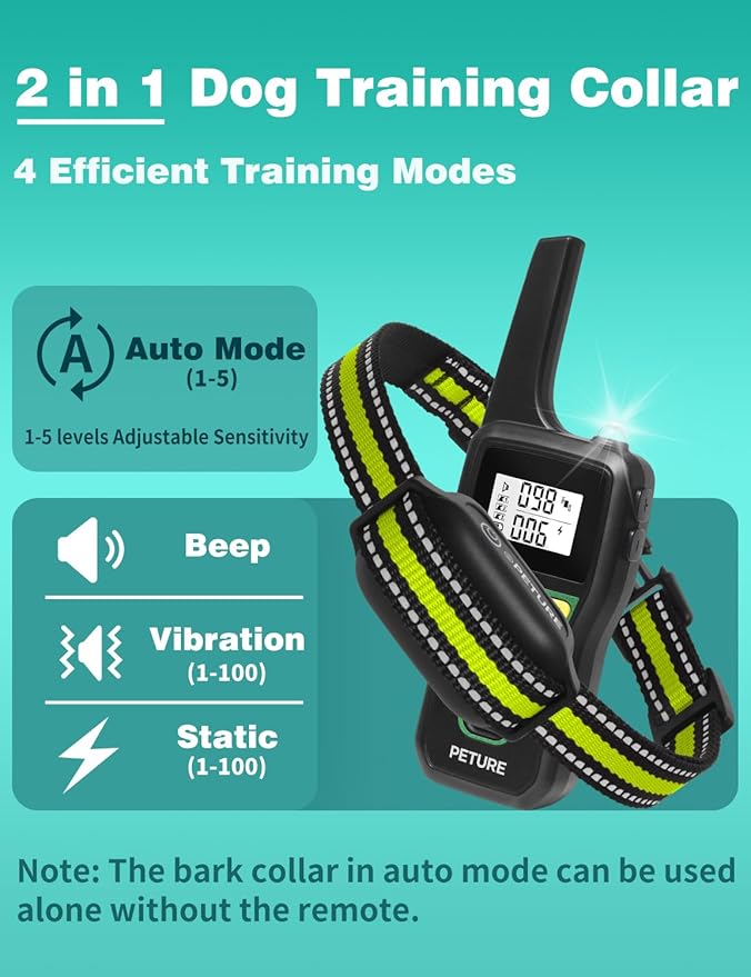 Bark Collar with Remote, 3300Ft 2-in-1 Dog Training Collar with Beep Vibration Static & Auto Mode, IPX7 Waterproof Rechargeable Automatic Bark Collar for 7-120lbs Small Medium Large Dog(2 Pack)
