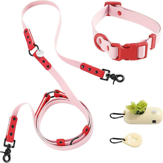 WLK1005G-5SET Luna Medium 8FT Adjustable 6-in-1 Waterproof Hands-Free Leash and Collar with LED Flashlight, Bag Dispenser, and Poop Bag Holder, Paloma