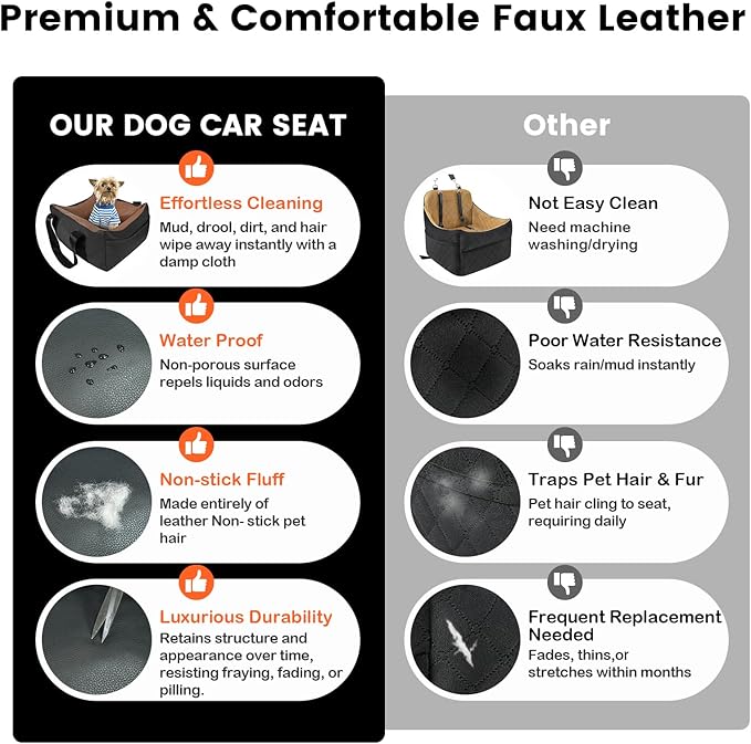 Dog Car Seat for Small Dogs, Large Leather Dog Car Bed with Storage Pocket, Waterproof PVC Leather Booster Seat Travel Bed for Front & Back Seat, Clip-On Safety Leash (Black/Brown)