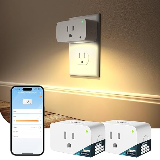 Linkind Matter Smart Plug with LED Night Light, Work with Alexa, Apple Home, Google, Smart Outlet 15A/1800W, Dusk to Dawn, Plug in Wall, Timer&Schedule, ETL&FCC Certified, 2.4GHz Wi-Fi Only, 2 Pack