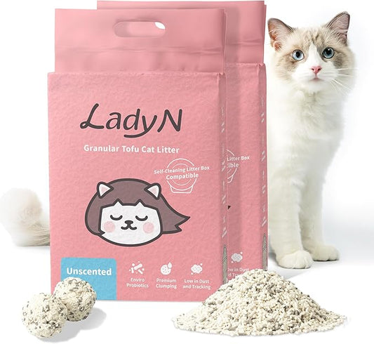 Lady N Granular Tofu Cat Litter Mini-Pellet Compatible with Automatic Self Cleaning Cat Litter Box, Strong Clumping Ultra Absorbent, Low Tracking, Odor Control Activated Charcoal 18lb