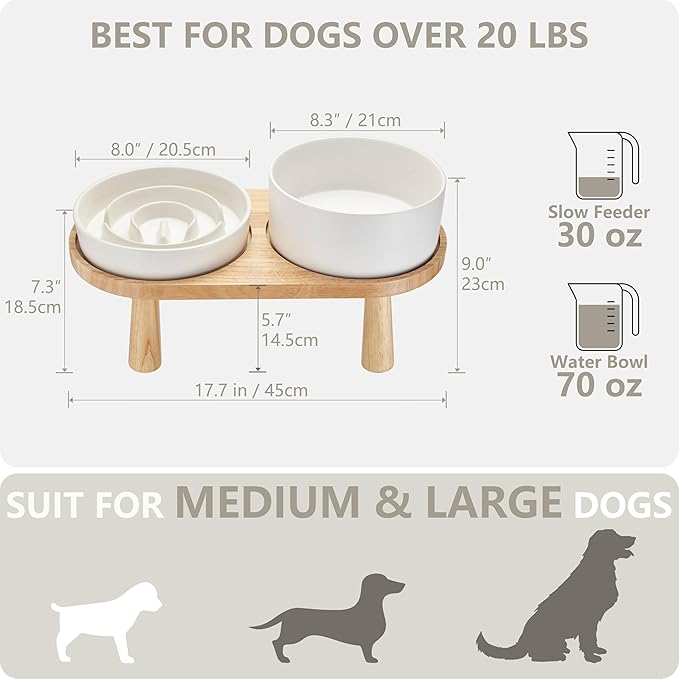 Ceramic Slow Feeder and Water Bowl Set for Medium and Large Dogs, 8.0inch Ceramic Dog Bowls Elevated with Wooden Stand, 2.0 Cups Dog Slow Feeder(30oz) and 70oz Water Bowl Set, White