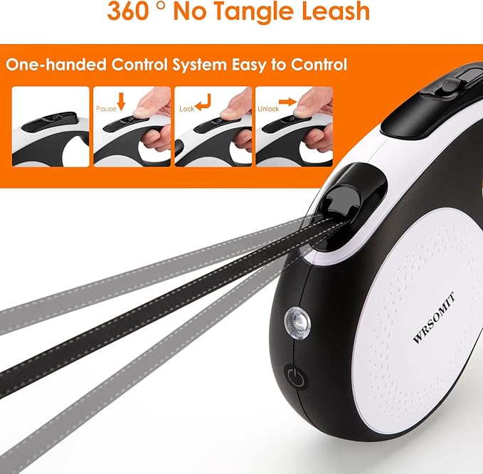 Retractable Dog Leash with Chew Proof Cable and LED Flashlight, 16Ft Heavy Duty Dog Leash for Medium Large Dogs up to 110lbs, 360° No Tangle (White+16ft+LED)