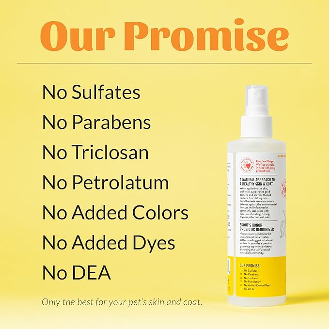 Skout's Honor Probiotic Pet Deodorizer Spray- Hydrating Daily-Use with Avocado Oil & Omega-3s, Microbiome Friendly Certiified, Paraben & Sulfate-Free, 97% Natural, 8oz, Honeysuckle