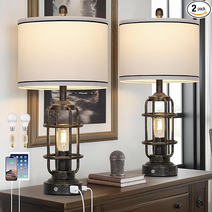 26" Vintage Industrial Table Lamps Set of 2, Farmhouse 3 Way Dimmable Touch Control LED Night Lights Table Lamp with USB A+C Ports & AC Outlet, Rustic Retro Beside Nightstand Lamp for Bedrooms Bronze