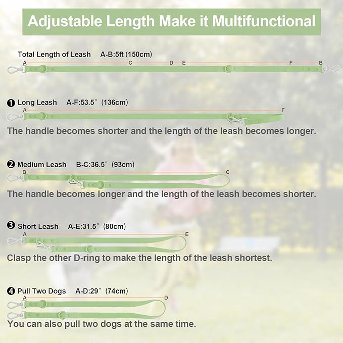 Wisedog Waterproof Dog Leash – 5ft/6ft Adjustable with 2 Metal Swivel Hooks, Easy to Clean Dog Leashes for Small, Medium, Large Breed Dogs (Sage Green,S)