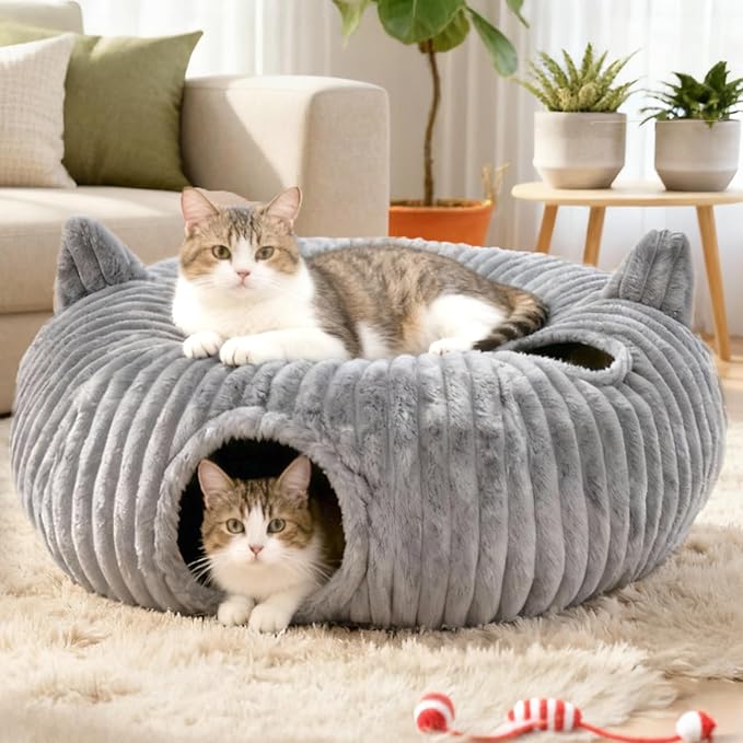 OurWarm Cat Tunnels for Indoor Cats - Round Cat Tunnel Bed with Removable and Washable Circle Cushion, Donut Cats Play Tunnel, Kitten Toys with Ear Sounds for Kitten/Puppy/Rabbit, Grey